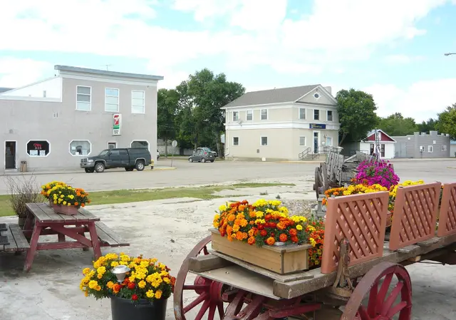 Business district with flower wagon